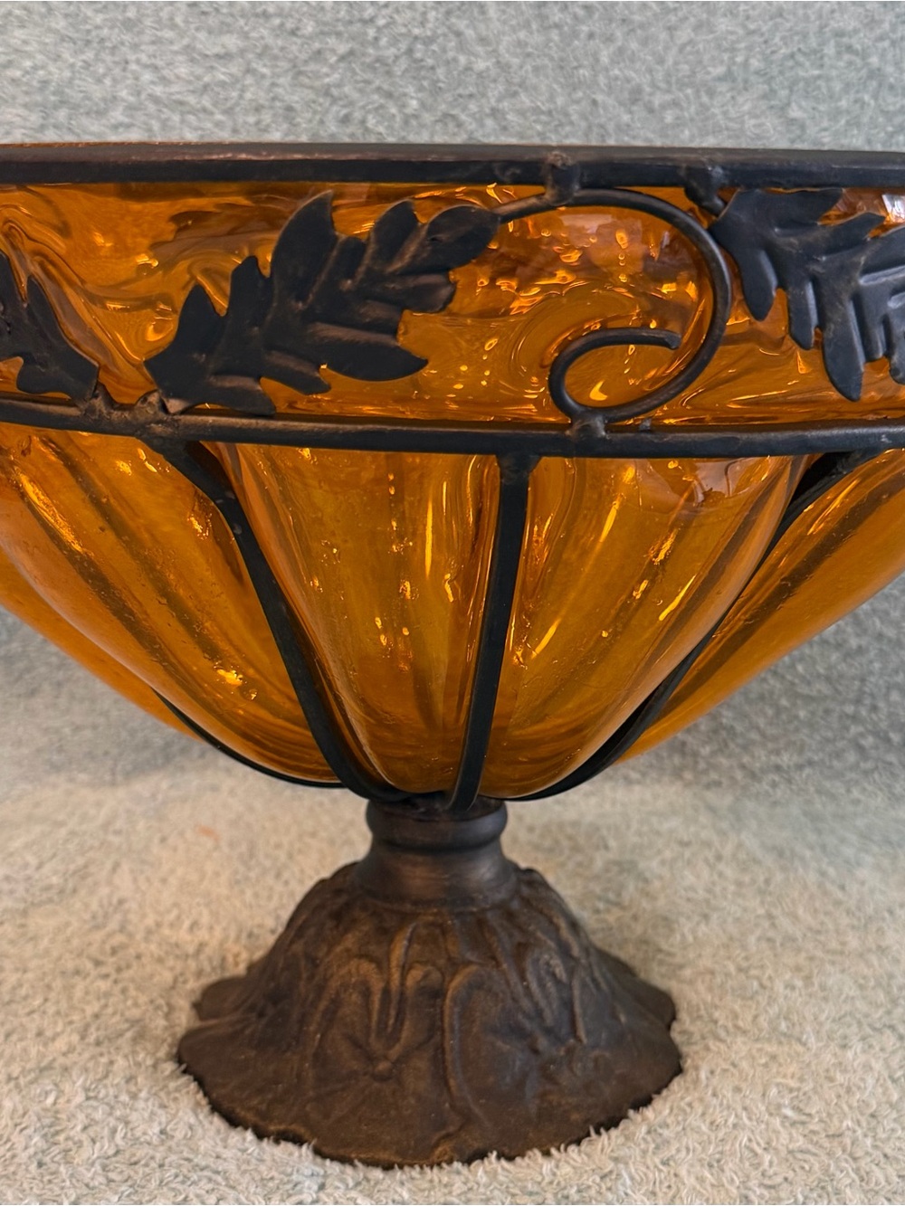 Vintage Whimsigoth Rustic Amber Glass Centerpiece Bowl Wrought Iron Caged Stand